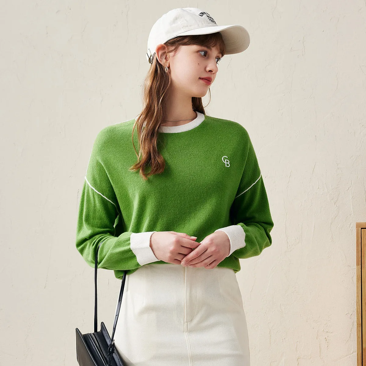 100% Wool Contrast-Trim Knit Pullover Sweater