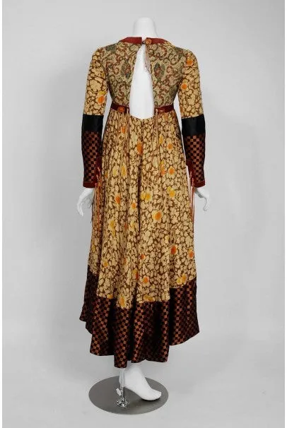 1970 Bill Gibb Iconic Bohemian Floral Silk and Suede Fringe Lace-Up Gypsy Dress