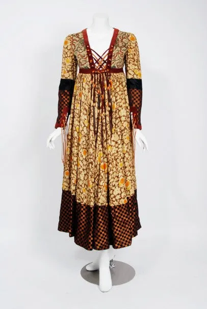 1970 Bill Gibb Iconic Bohemian Floral Silk and Suede Fringe Lace-Up Gypsy Dress