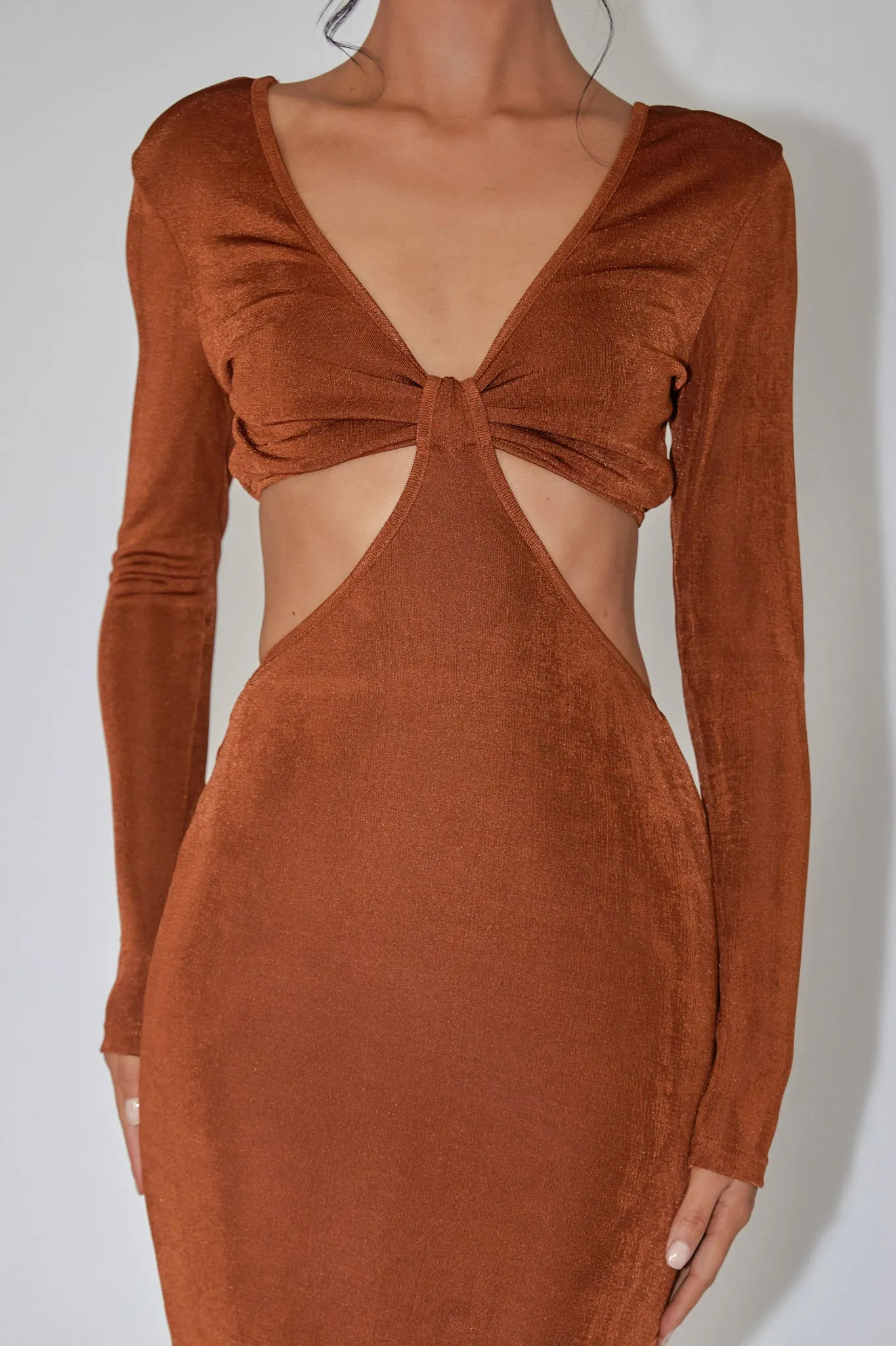 Acapulco Long Sleeve Cut-Out Waist Side Split Midi Jersey Dress Chocolate