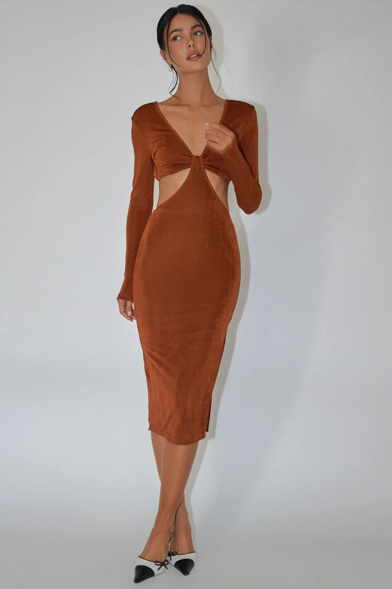 Acapulco Long Sleeve Cut-Out Waist Side Split Midi Jersey Dress Chocolate