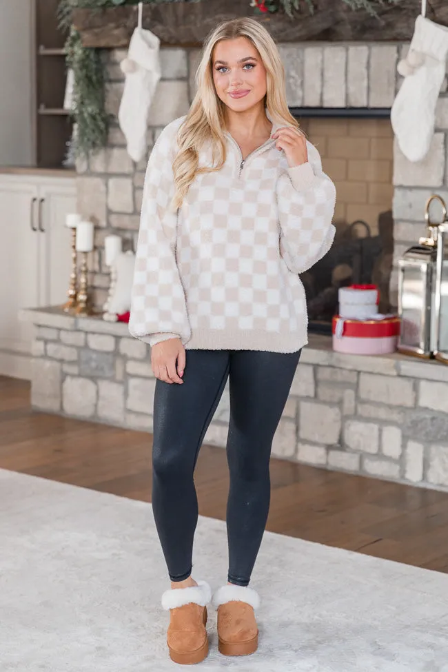 All Cozied Up Beige Fuzzy Checkered Quarter Zip Pullover FINAL SALE