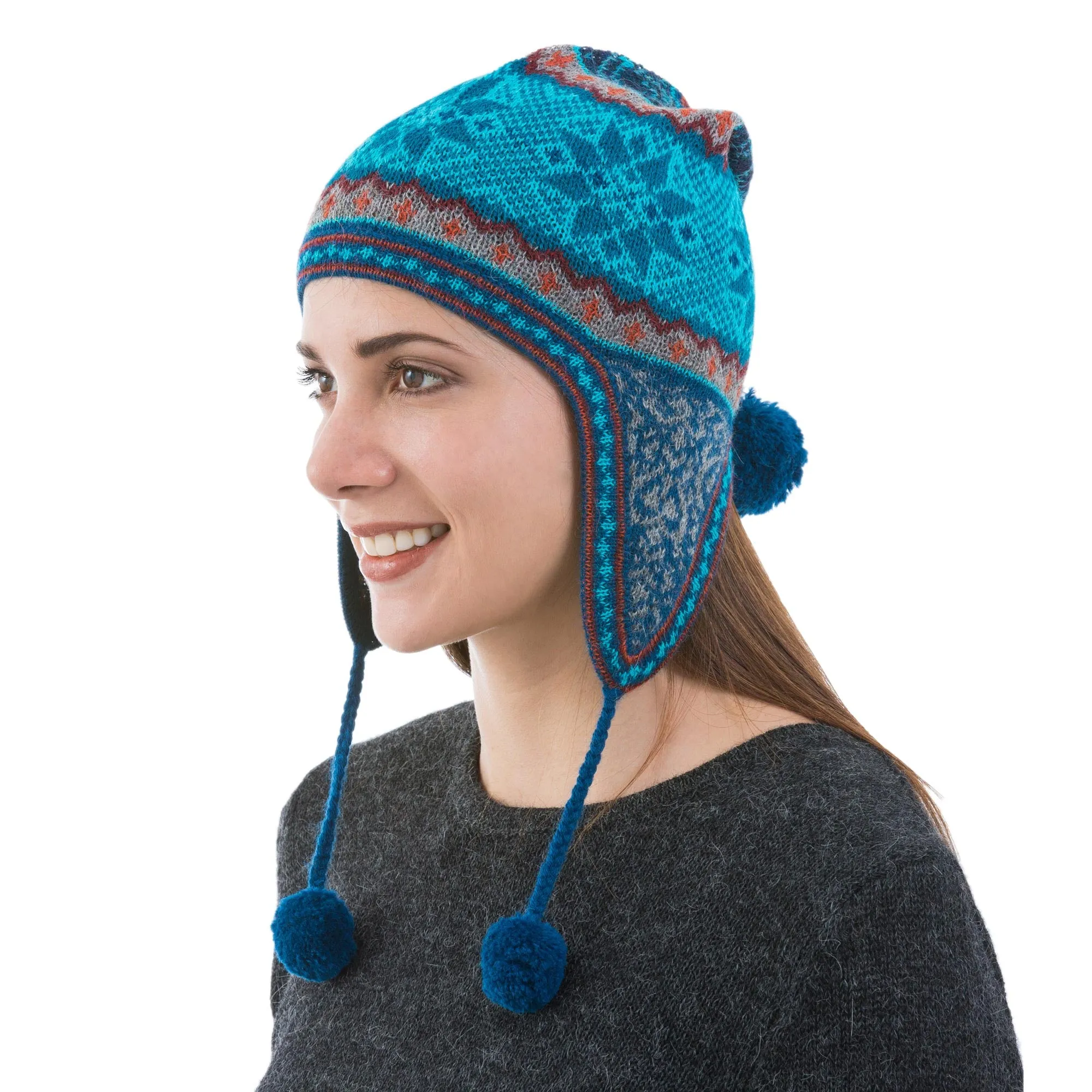 Alpaca Chullo Hat in Azure and Smoke from Peru - Andean Snowfall | NOVICA