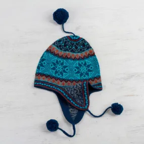 Alpaca Chullo Hat in Azure and Smoke from Peru - Andean Snowfall | NOVICA