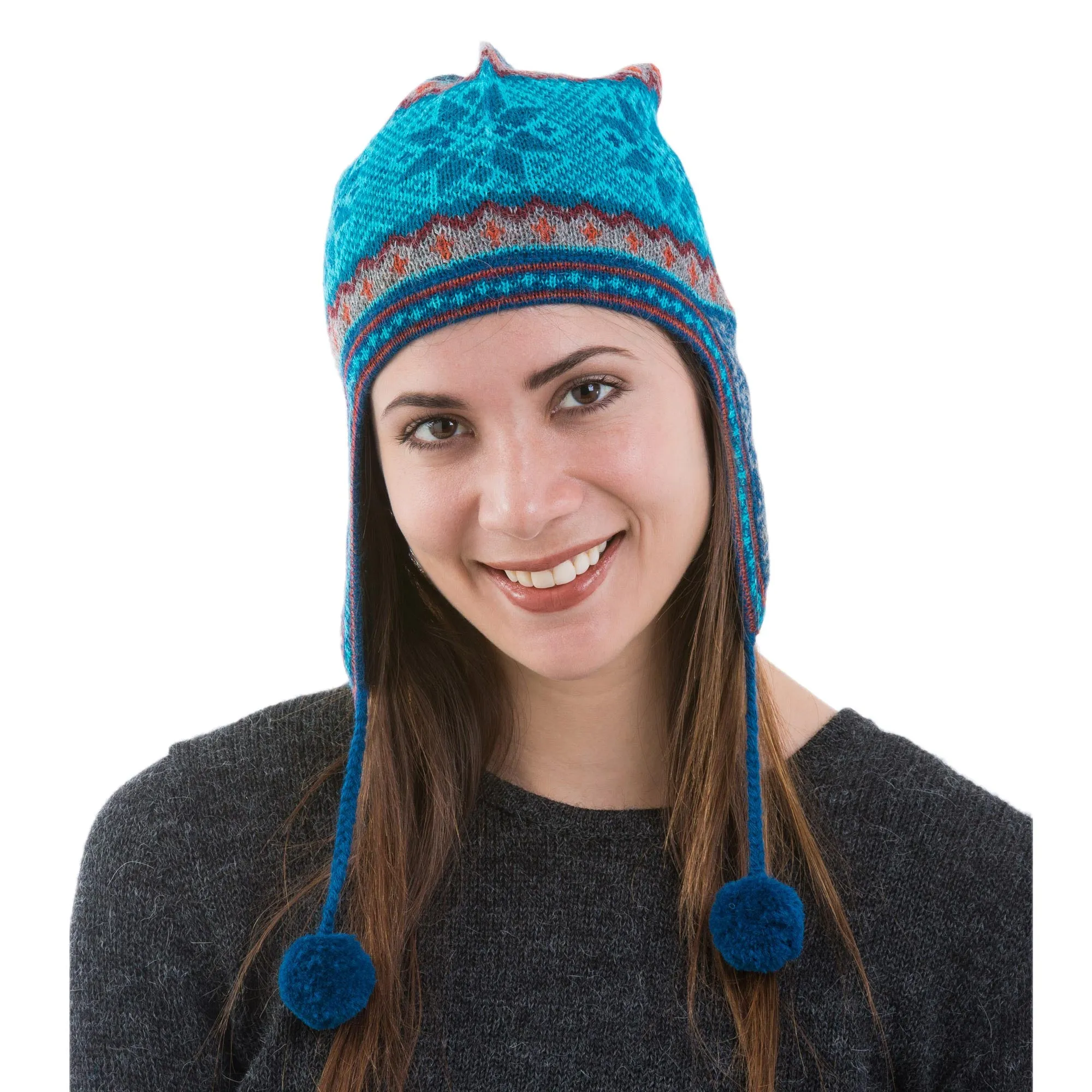 Alpaca Chullo Hat in Azure and Smoke from Peru - Andean Snowfall | NOVICA