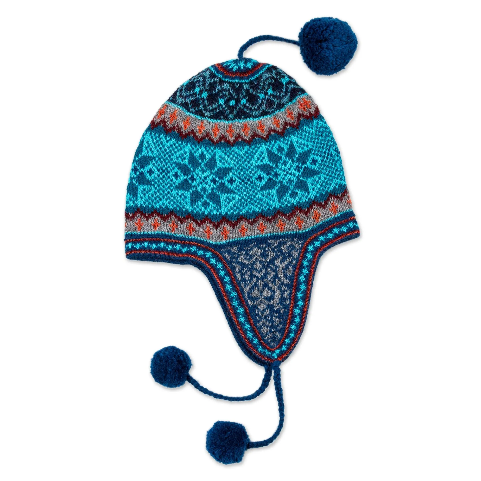 Alpaca Chullo Hat in Azure and Smoke from Peru - Andean Snowfall | NOVICA