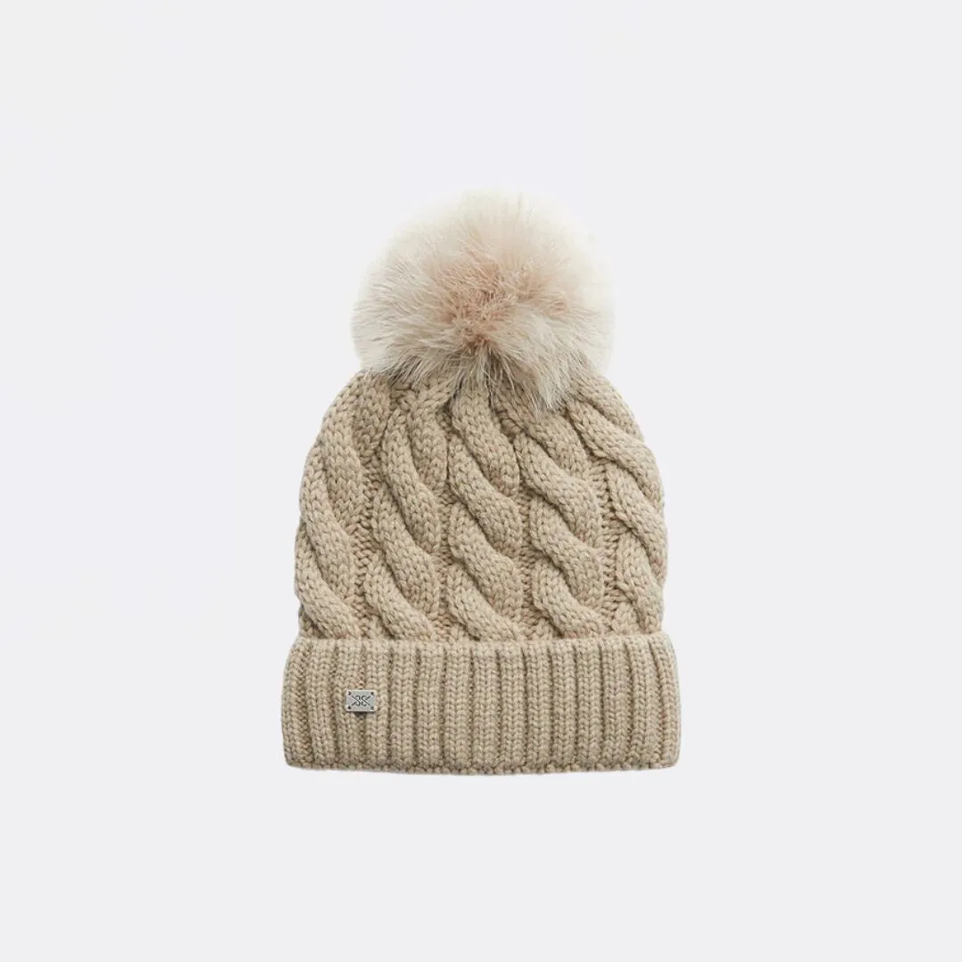 Amalie-TN Cable-Knit Hat With Detachable Feather Pompom