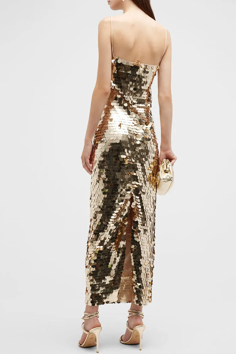 Amozae-Sparkly Square Neck Spaghetti Strap Bodycon Sequin Cocktail Midi Dress - Gold