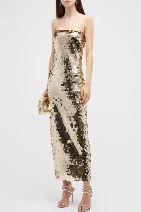 Amozae-Sparkly Square Neck Spaghetti Strap Bodycon Sequin Cocktail Midi Dress - Gold