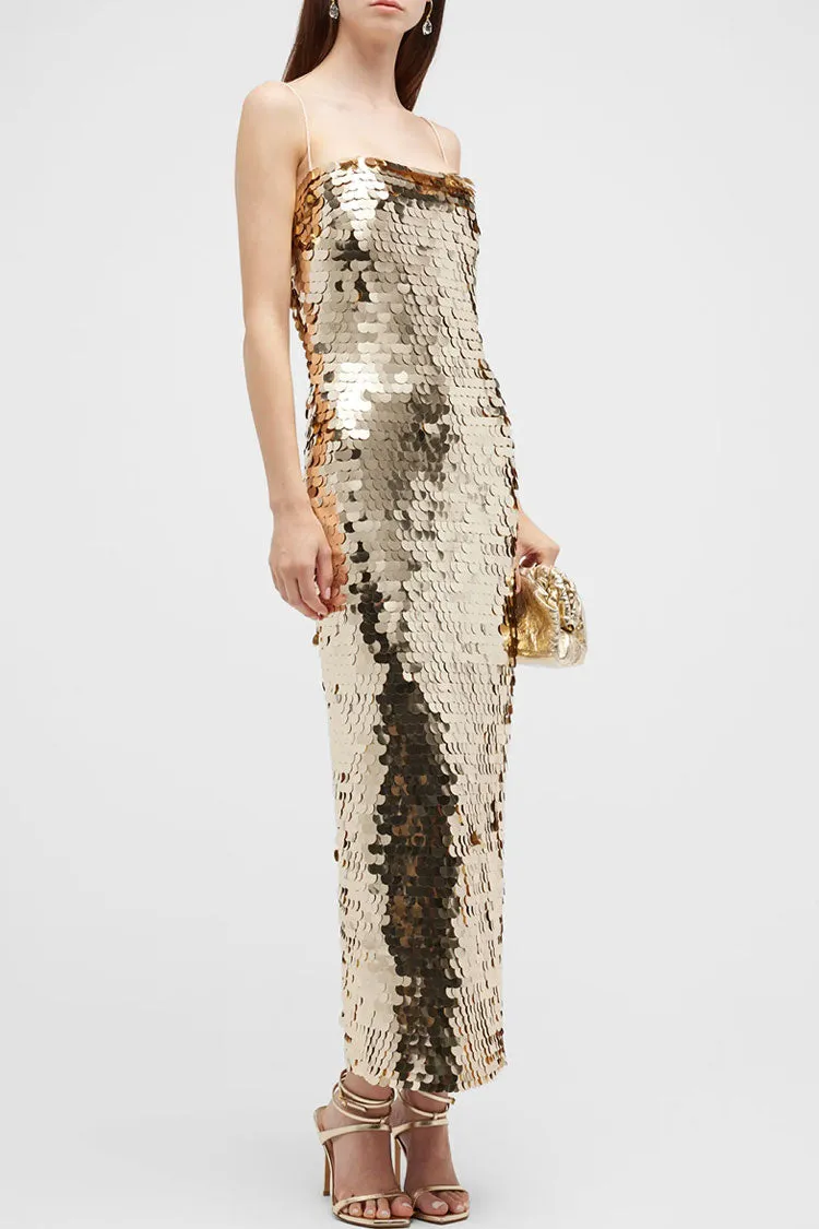 Amozae-Sparkly Square Neck Spaghetti Strap Bodycon Sequin Cocktail Midi Dress - Gold