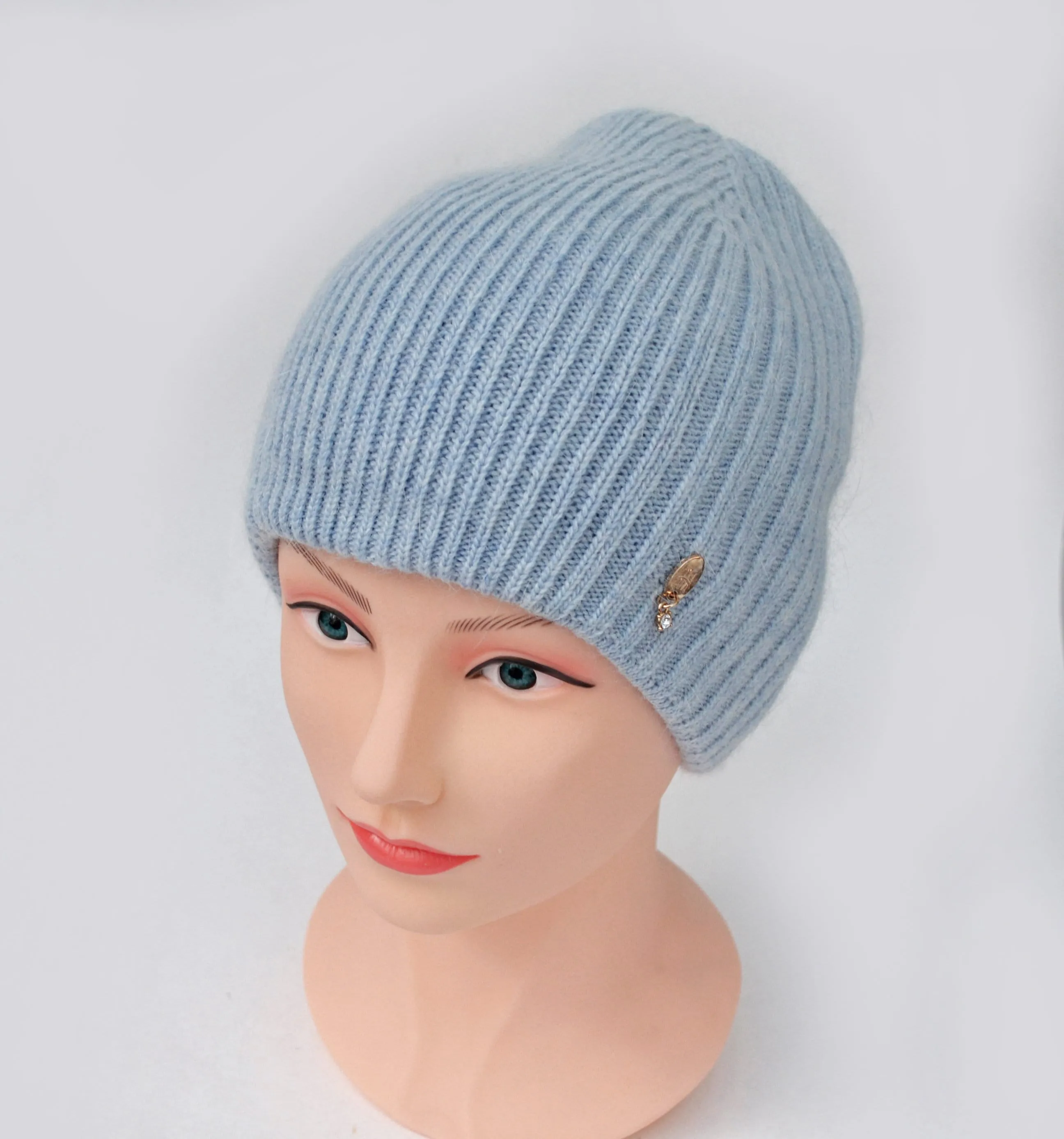 ANGORA WOOL BEANIE Girl Knitted Slouchy Winter Woman Hat with Beads, Gift for Her Wool Accessories Chunky Hat Fleece Lining Cap Warm