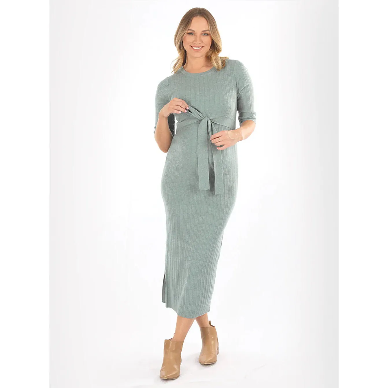 Annabella Maternity Knit Midi Dress - Sage Green (Large)