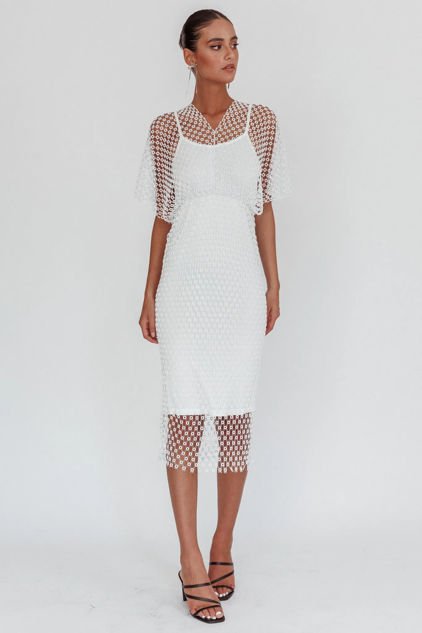 Astra Diamante Fishnet Midi Dress White