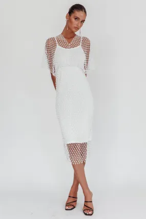 Astra Diamante Fishnet Midi Dress White