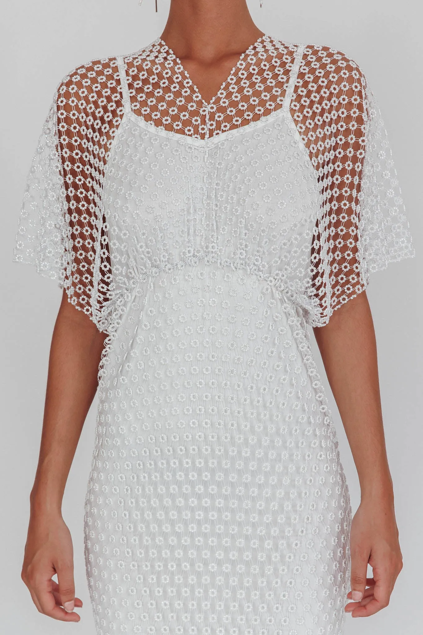 Astra Diamante Fishnet Midi Dress White