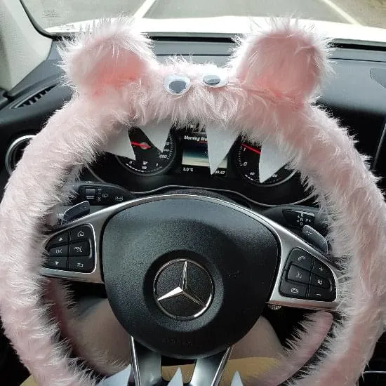 Baby pink faux fur fuzzy Monster car steering wheel cover