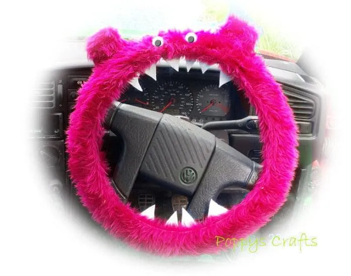 Barbie Pink fuzzy Monster car steering wheel cover