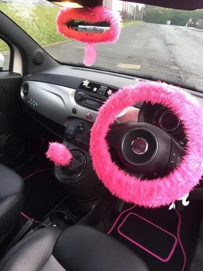 Barbie Pink fuzzy steering wheel cover with cute matching rear view mirror cover