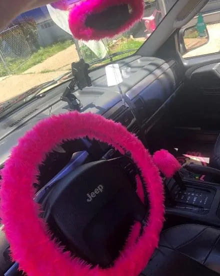 Barbie Pink fuzzy steering wheel cover with cute matching rear view mirror cover