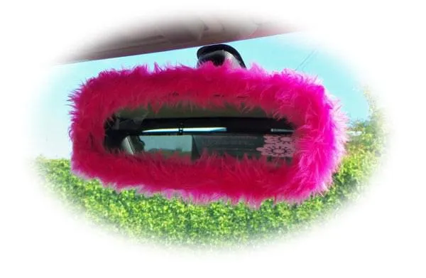 Barbie Pink fuzzy steering wheel cover with cute matching rear view mirror cover