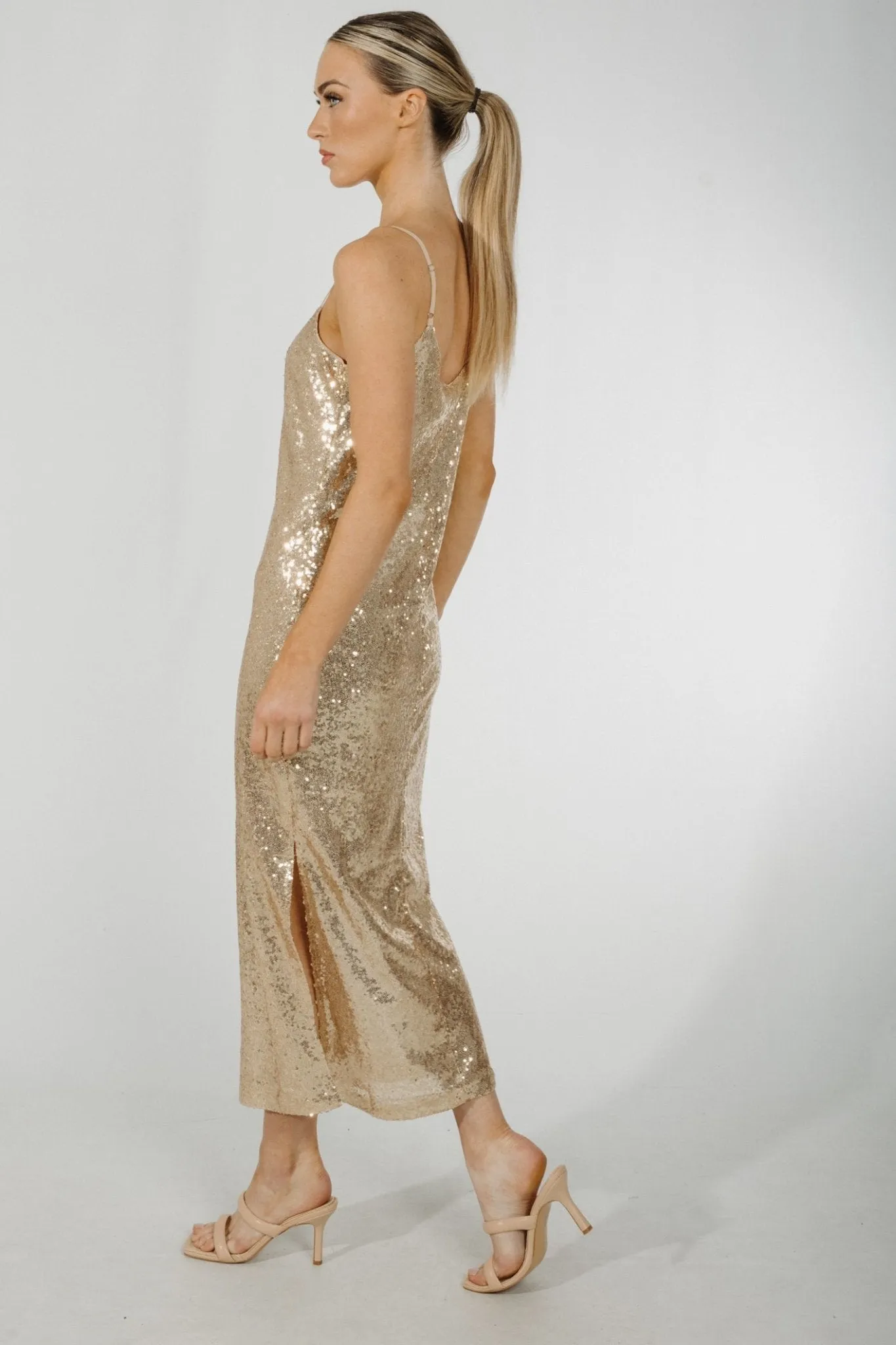 Becca Sequin Midi Dress In Gold