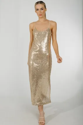 Becca Sequin Midi Dress In Gold