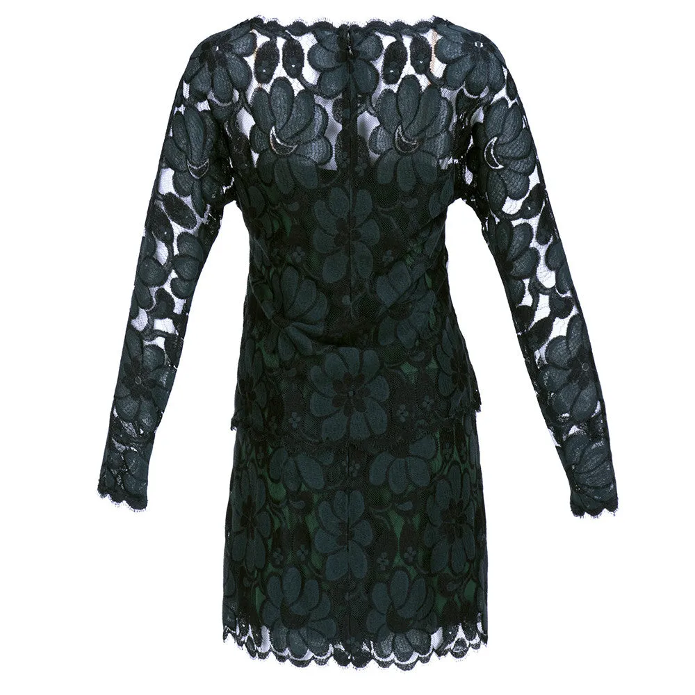 BEENE 80s Black & Green Lace Cocktail Dress