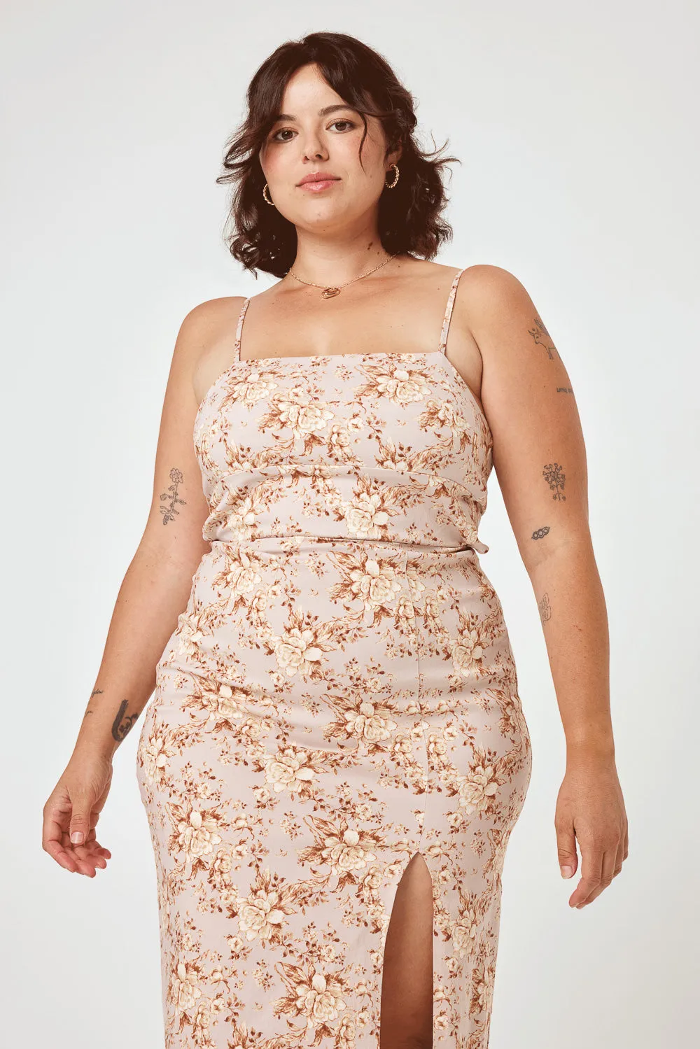 Beige Floral Tie Back Skim Midi Dress