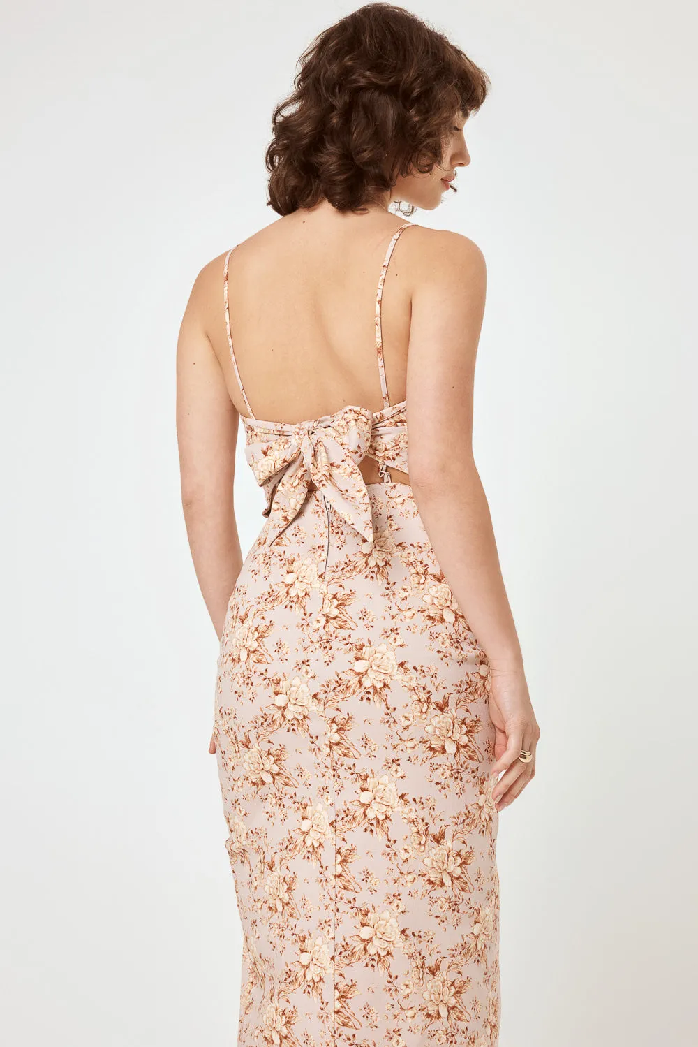 Beige Floral Tie Back Skim Midi Dress