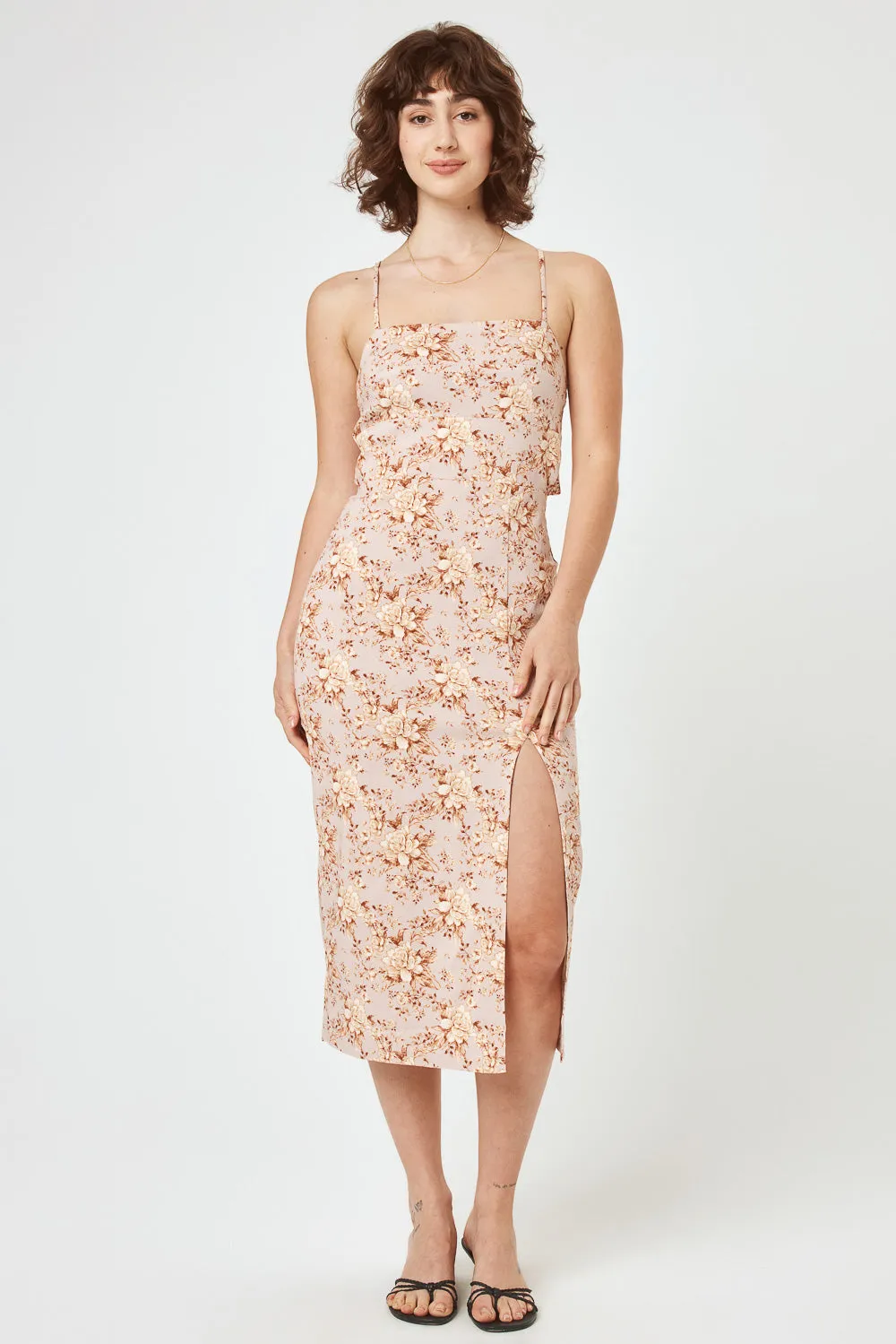 Beige Floral Tie Back Skim Midi Dress