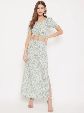 Berrylush Women Green Floral Printed Drawstring Blouse & Maxi Skirt