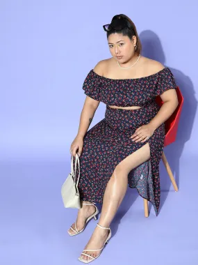 Berrylush Women Plus Size Navy Blue & Red Floral Printed Off-Shoulder Neck Crop Top & Thigh-High Slit Maxi Skirt Co-Ord Set