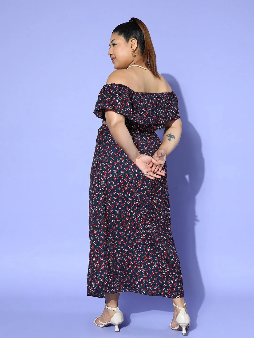 Berrylush Women Plus Size Navy Blue & Red Floral Printed Off-Shoulder Neck Crop Top & Thigh-High Slit Maxi Skirt Co-Ord Set