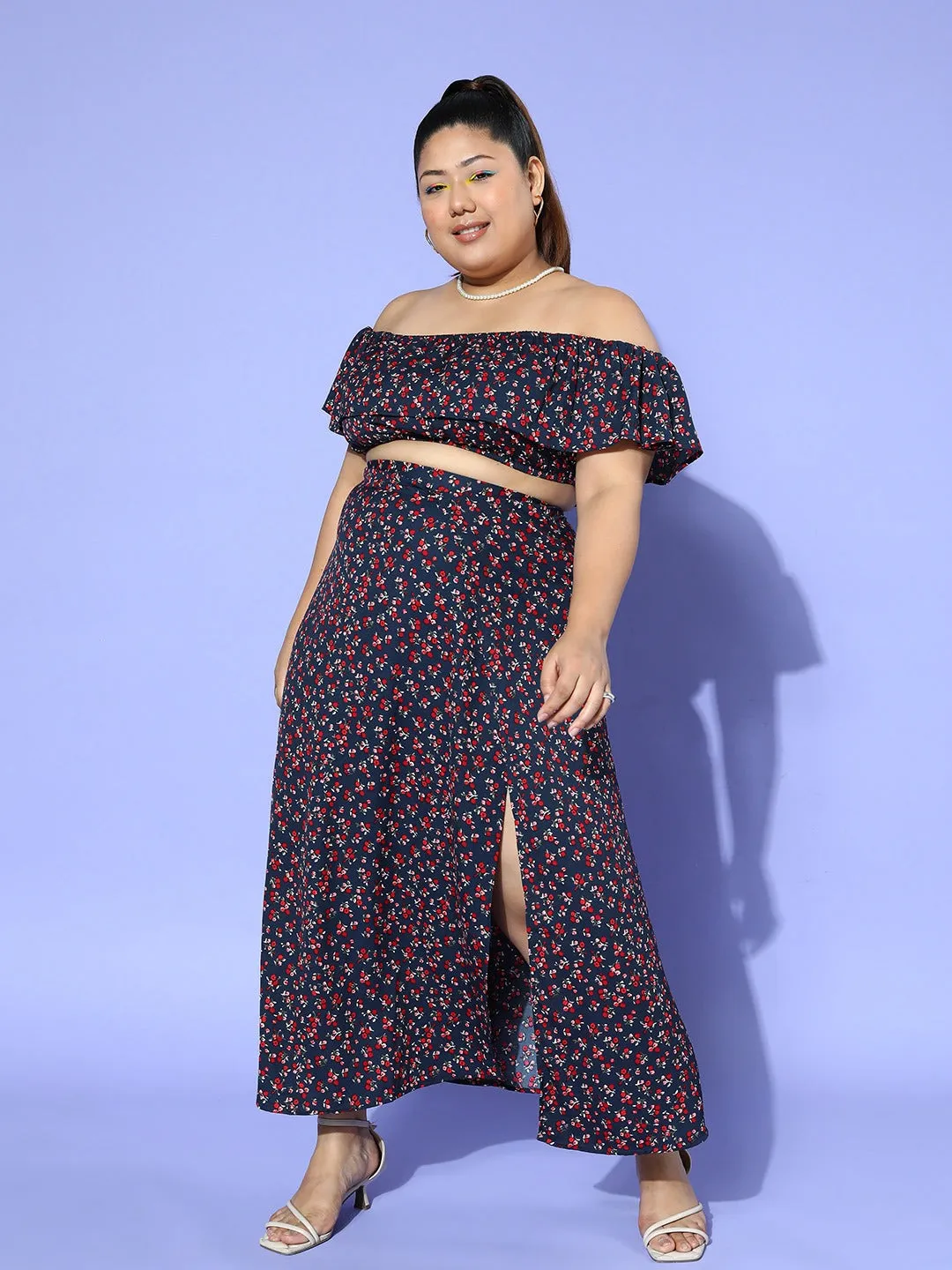 Berrylush Women Plus Size Navy Blue & Red Floral Printed Off-Shoulder Neck Crop Top & Thigh-High Slit Maxi Skirt Co-Ord Set