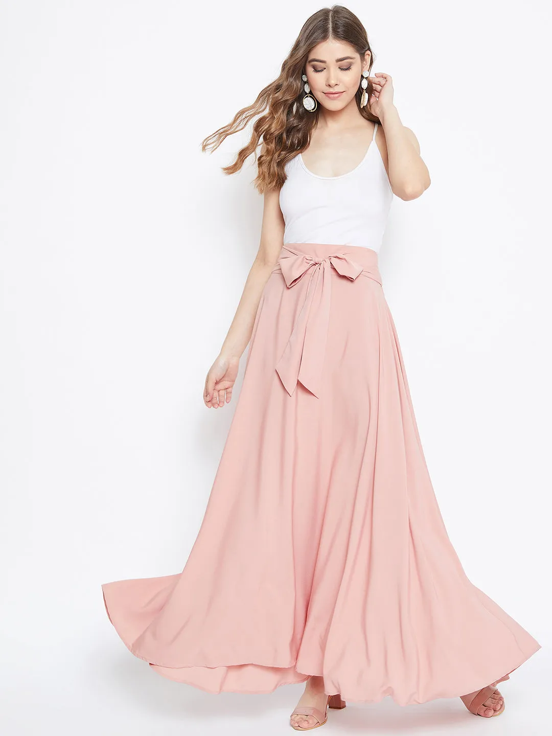 Berrylush Women Solid Pink Waist Tie-Up Flared Maxi Skirt