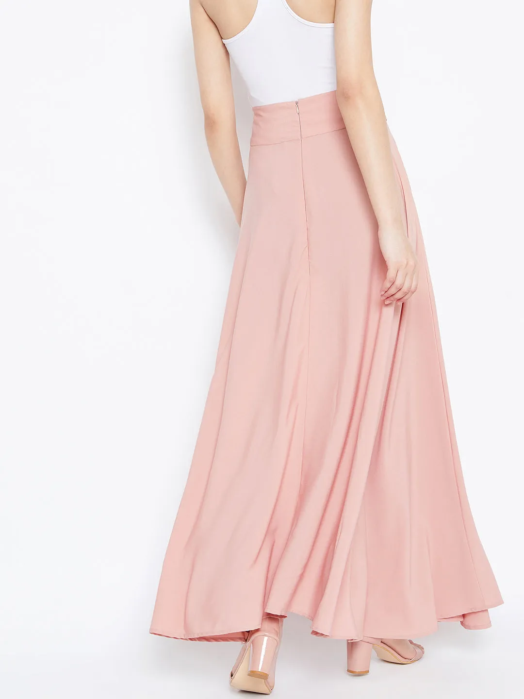 Berrylush Women Solid Pink Waist Tie-Up Flared Maxi Skirt