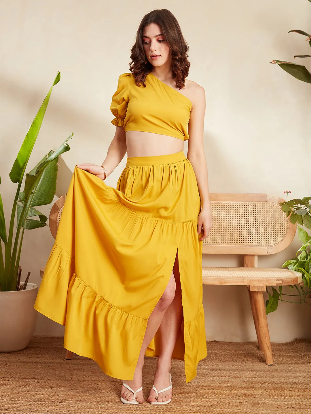 Berrylush Women Solid Yellow One-Shoulder Neck Puff Sleeve Cropped Top & Thigh-High Slit Maxi Skirt Co-Ord Set