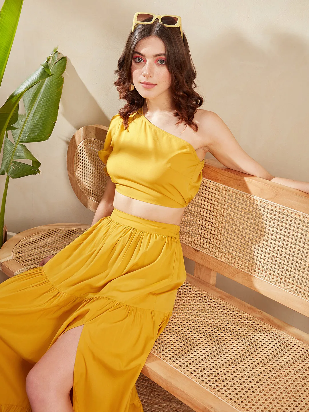 Berrylush Women Solid Yellow One-Shoulder Neck Puff Sleeve Cropped Top & Thigh-High Slit Maxi Skirt Co-Ord Set