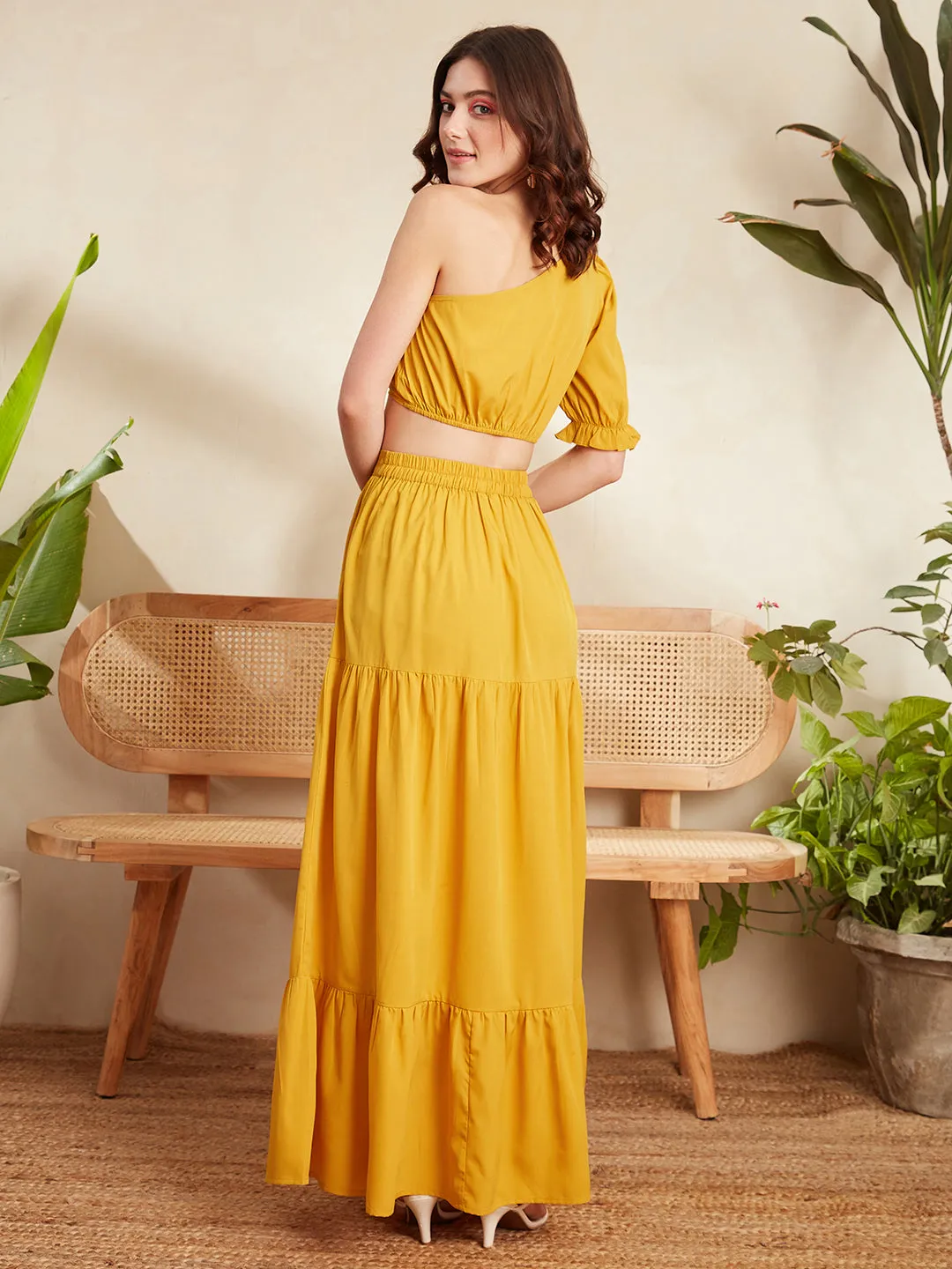 Berrylush Women Solid Yellow One-Shoulder Neck Puff Sleeve Cropped Top & Thigh-High Slit Maxi Skirt Co-Ord Set