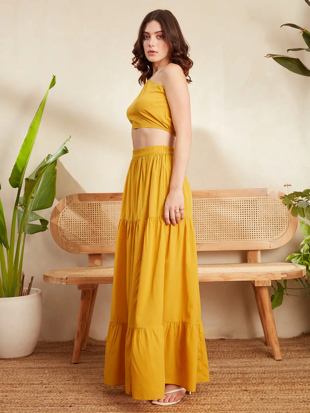 Berrylush Women Solid Yellow One-Shoulder Neck Puff Sleeve Cropped Top & Thigh-High Slit Maxi Skirt Co-Ord Set