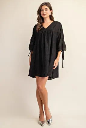 Black Adjustable Shirred Sleeve Dress