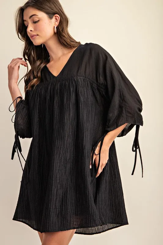 Black Adjustable Shirred Sleeve Dress