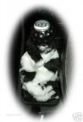 Black and white cow print faux fur fluffy gear stick gaiter cover