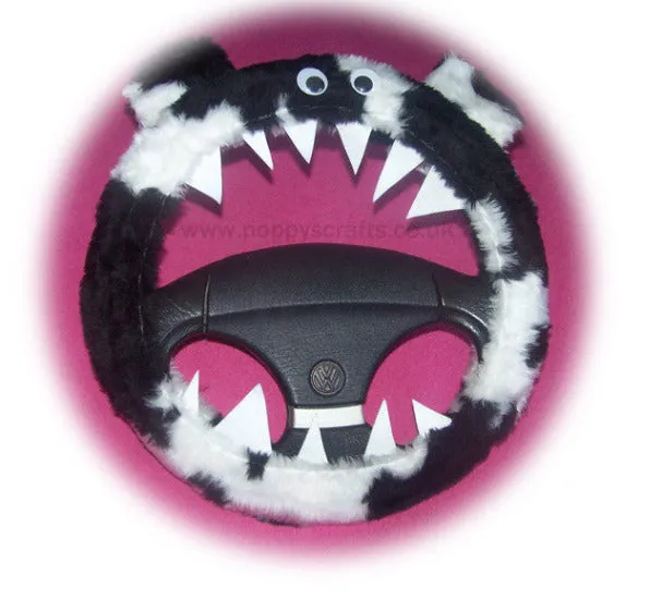 Black and white cow print faux fur fuzzy monster car steering wheel cover