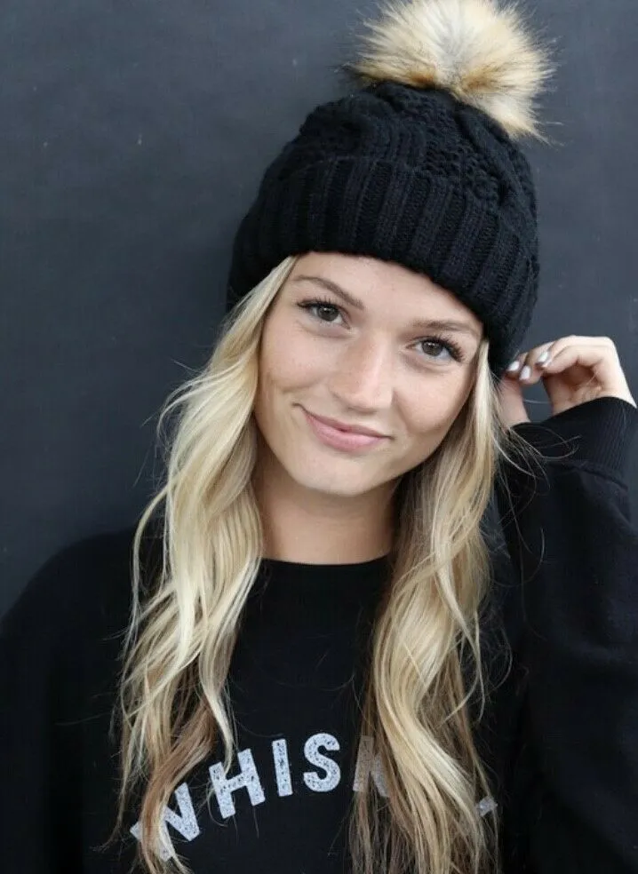 Black Cable Knit Beanie Hat w/ Faux Fur Pompom Casual Winter Womens One Size