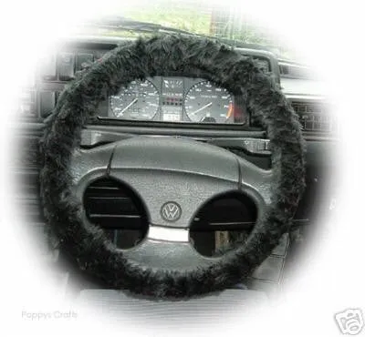 Black fuzzy faux fur car steering wheel cover