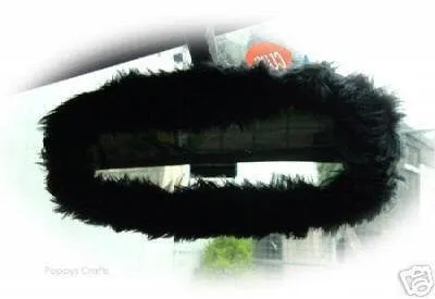 Black fuzzy faux fur steering wheel cover with cute matching rearview mirror cover