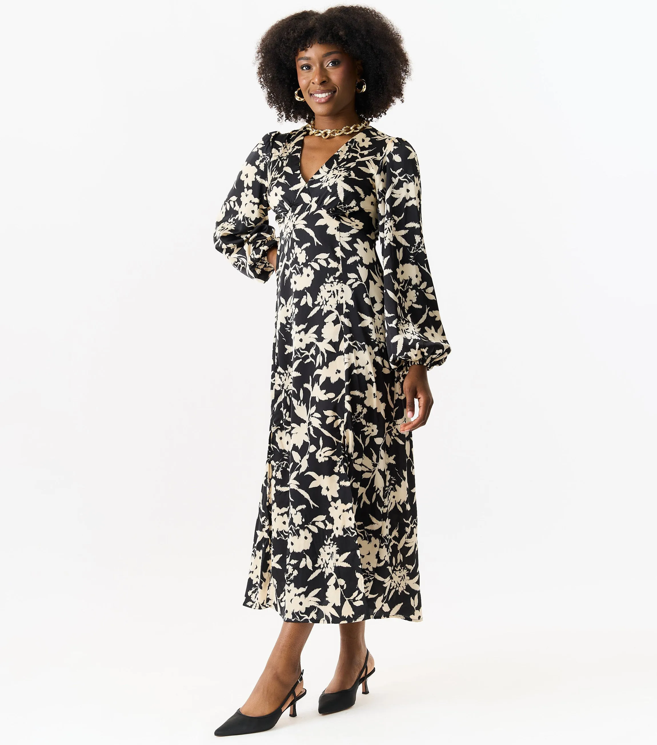 Black Long Sleeves Flare Midi Dress