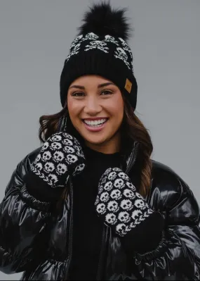 Black Skull Pattern Knit Hat with Faux Fur Pom