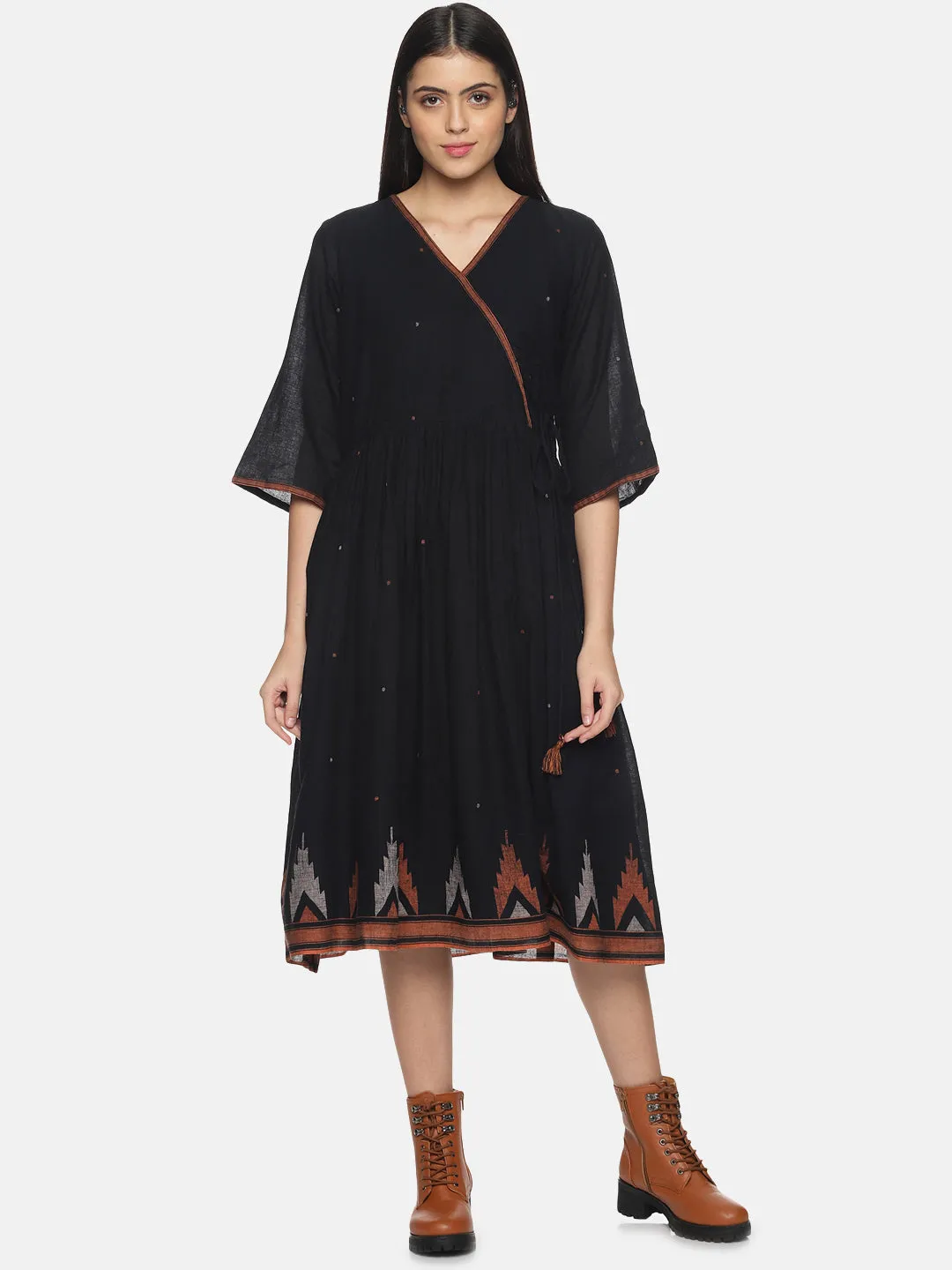 Black with orange border Jamdani Gather Dress